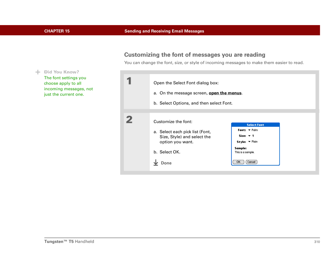 Palm Tungsten T5 manual Customizing the font of messages you are reading 