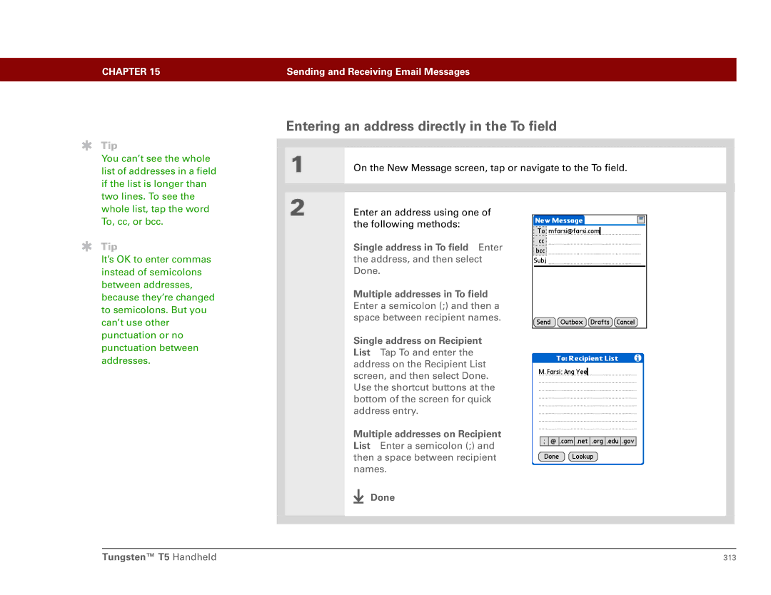 Palm Tungsten T5 manual Entering an address directly in the To field 