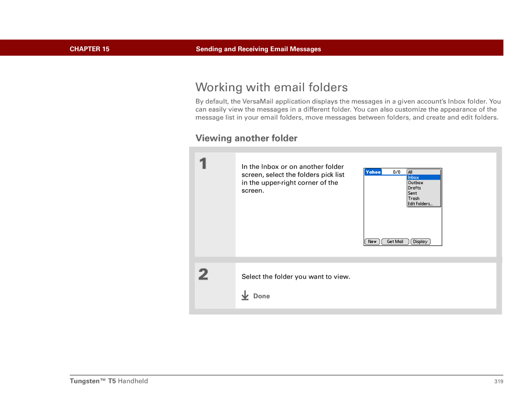 Palm Tungsten T5 manual Working with email folders, Viewing another folder 