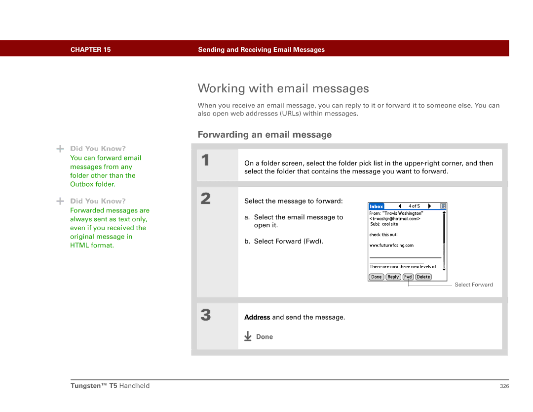 Palm Tungsten T5 manual Working with email messages, Forwarding an email message 