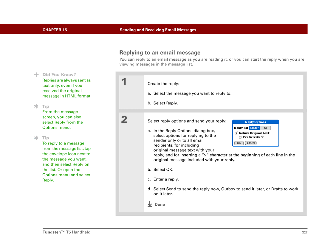 Palm Tungsten T5 manual Replying to an email message 