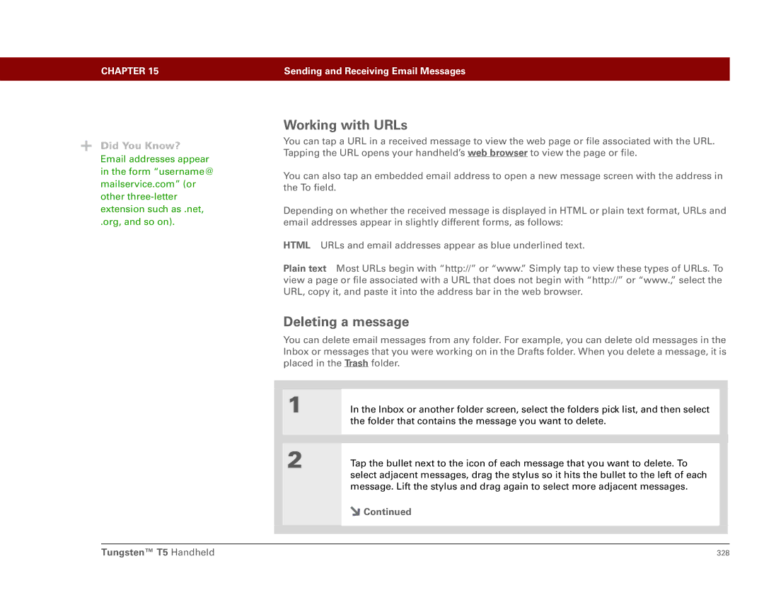 Palm Tungsten T5 manual Working with URLs, Deleting a message 