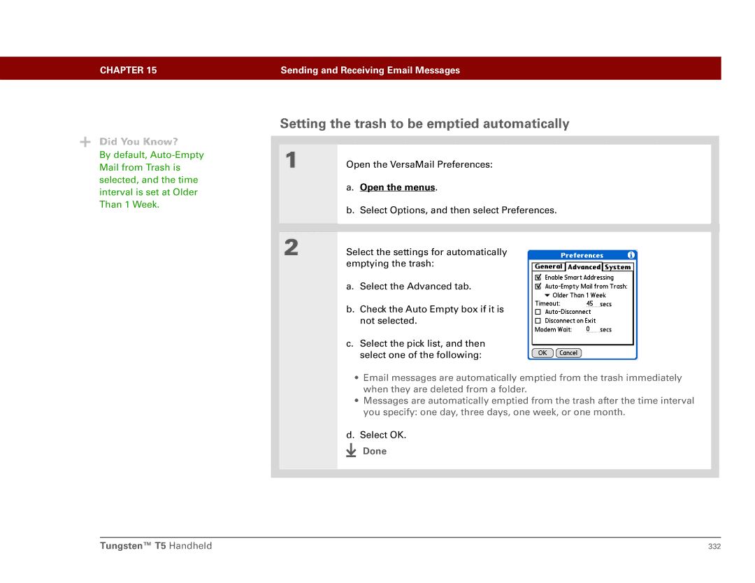 Palm Tungsten T5 manual Setting the trash to be emptied automatically 