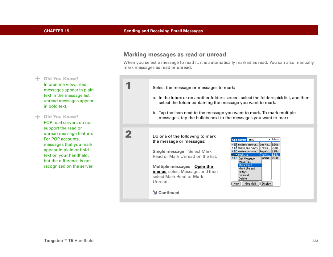 Palm Tungsten T5 manual Marking messages as read or unread, Single message Select Mark 