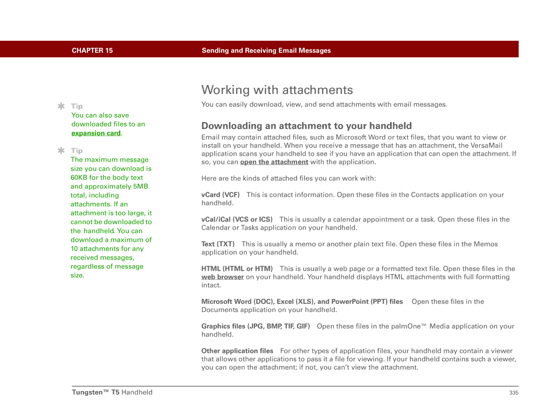 Palm Tungsten T5 manual Working with attachments, Downloading an attachment to your handheld, Expansion card 