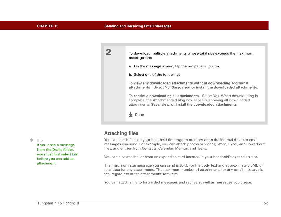 Palm Tungsten T5 manual Attaching files 