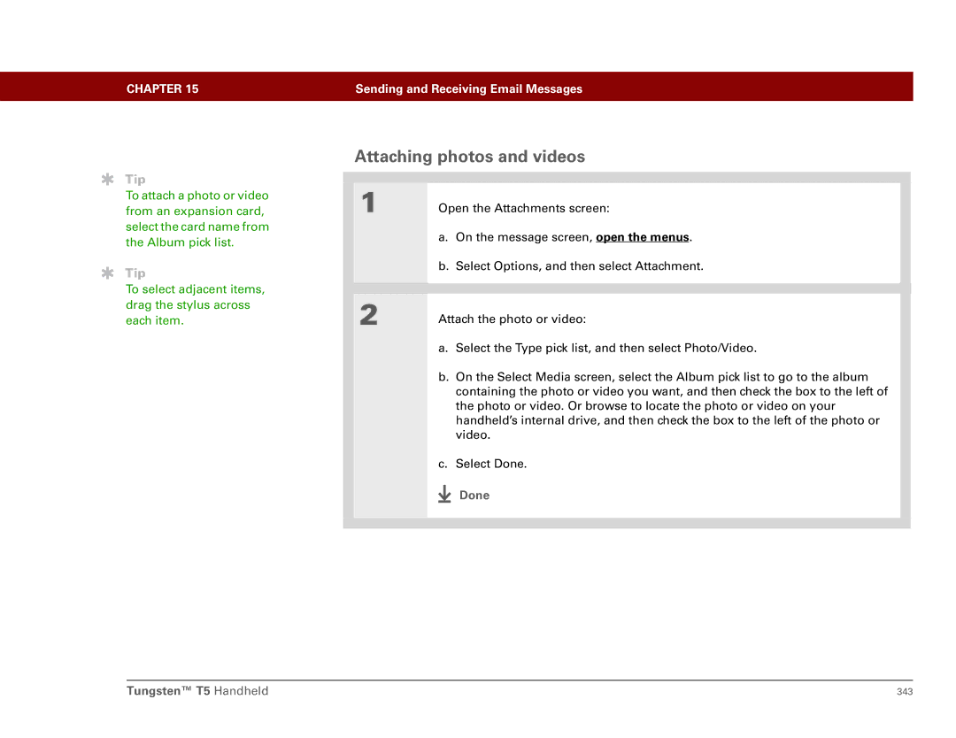 Palm Tungsten T5 manual Attaching photos and videos 