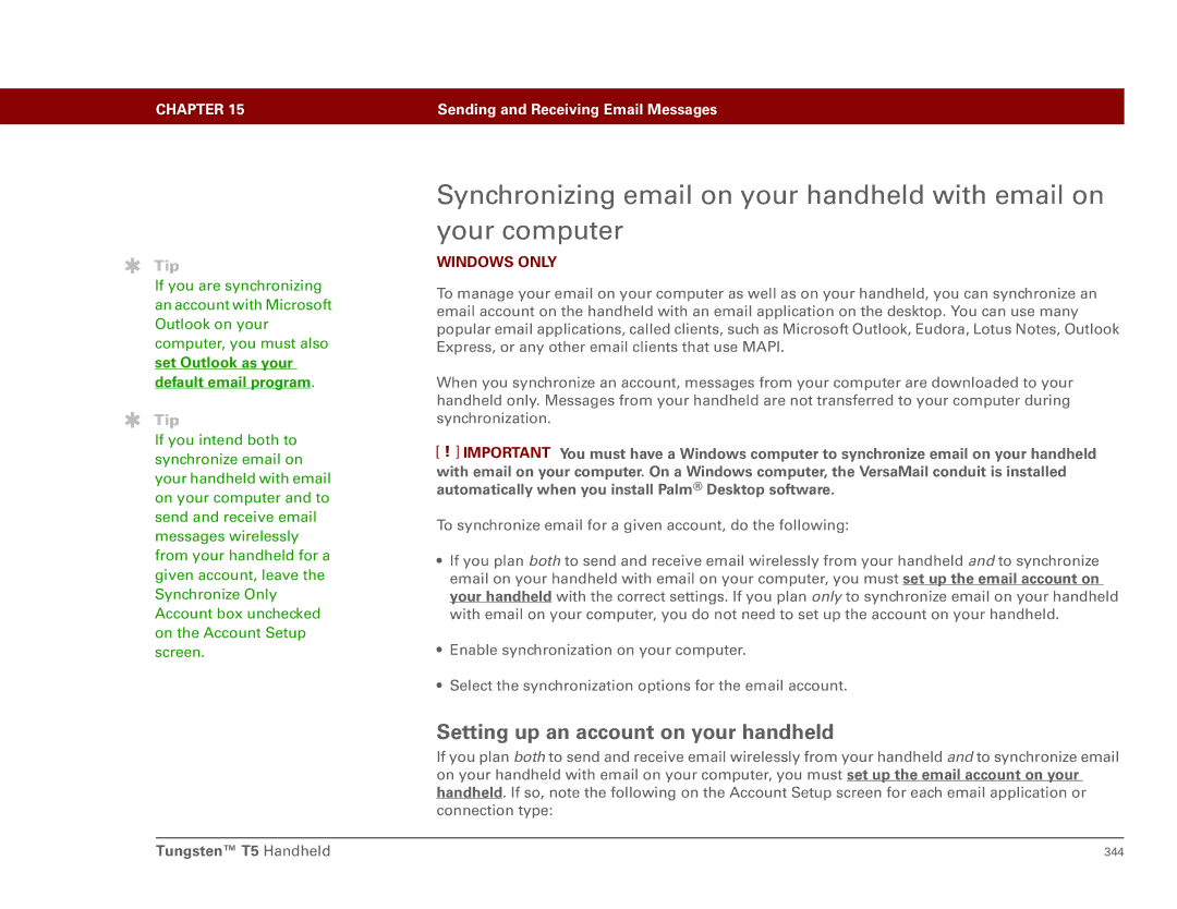 Palm Tungsten T5 manual Setting up an account on your handheld, Set Outlook as your default email program 