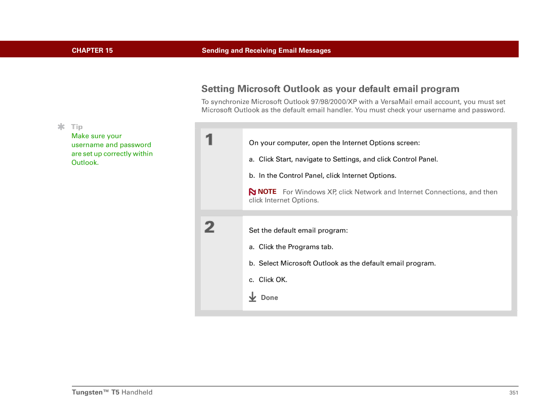 Palm Tungsten T5 manual Setting Microsoft Outlook as your default email program, Click Internet Options 