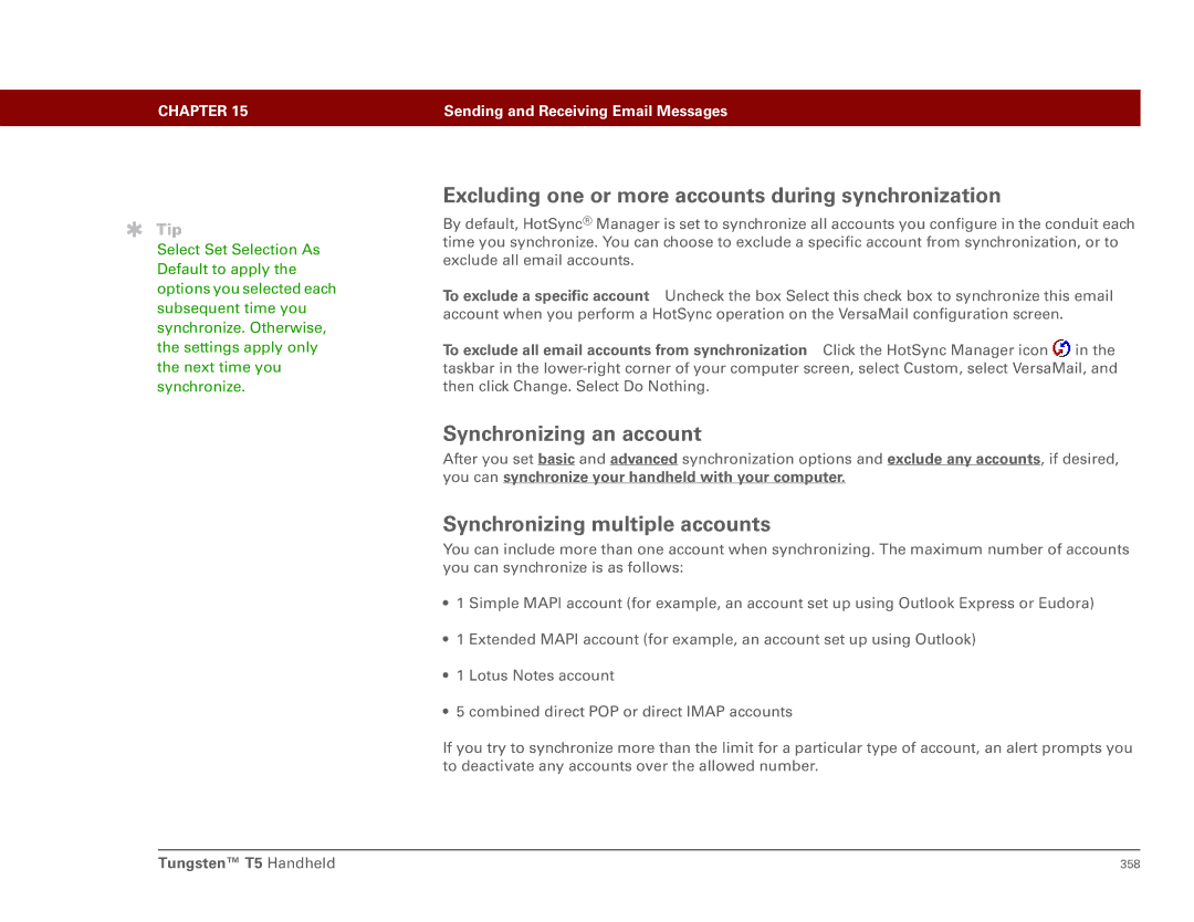 Palm Tungsten T5 manual Excluding one or more accounts during synchronization, Synchronizing an account 