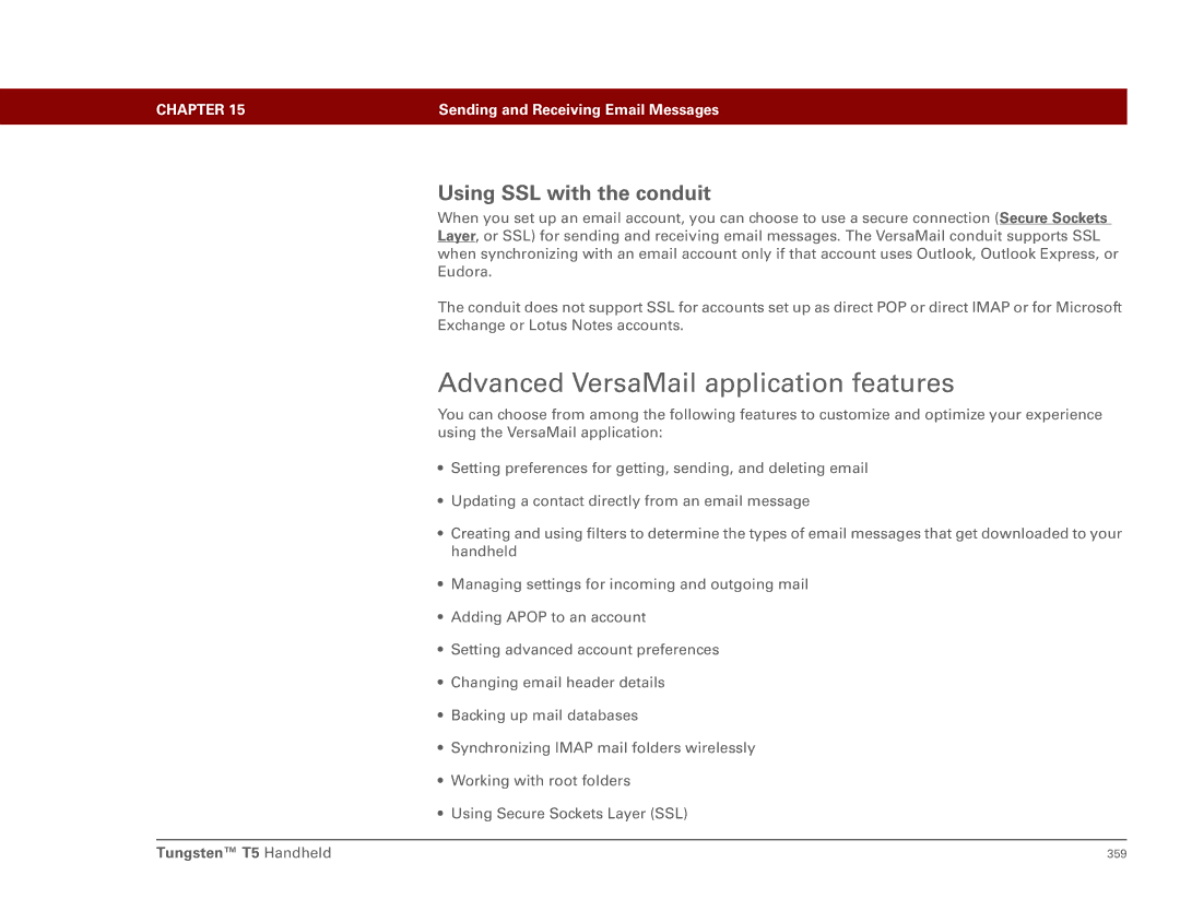 Palm Tungsten T5 manual Advanced VersaMail application features, Using SSL with the conduit 