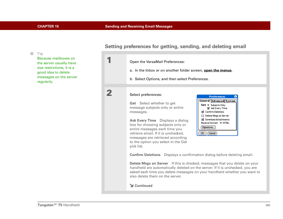 Palm Tungsten T5 manual Setting preferences for getting, sending, and deleting email 