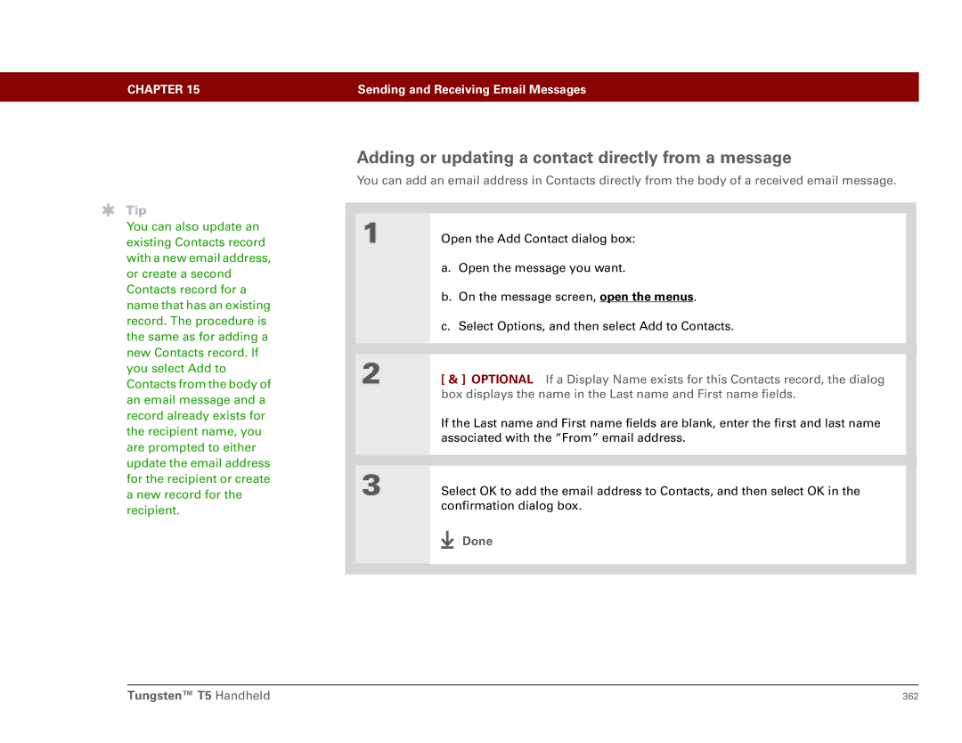 Palm Tungsten T5 manual Adding or updating a contact directly from a message 