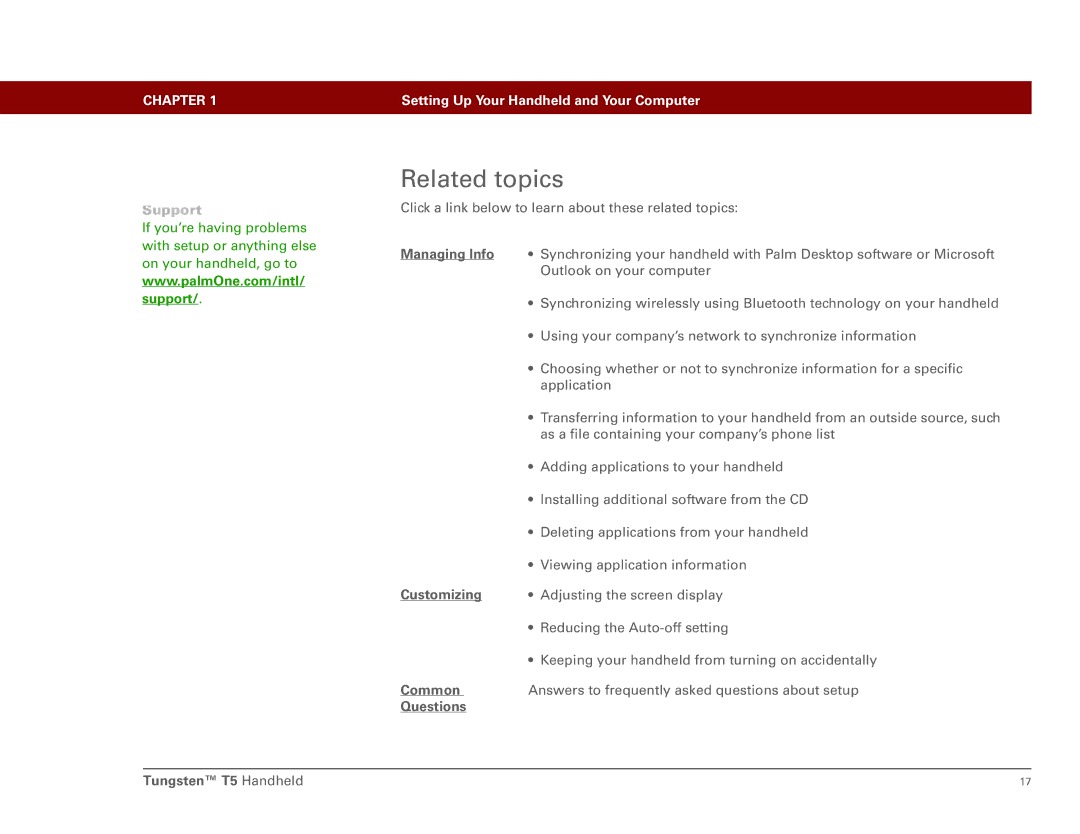 Palm manual Related topics, Managing Info, Customizing, Common, Questions Tungsten T5 Handheld 