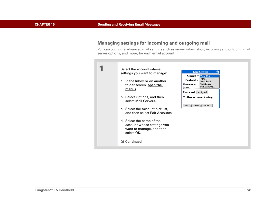 Palm Tungsten T5 manual Managing settings for incoming and outgoing mail, Menus 