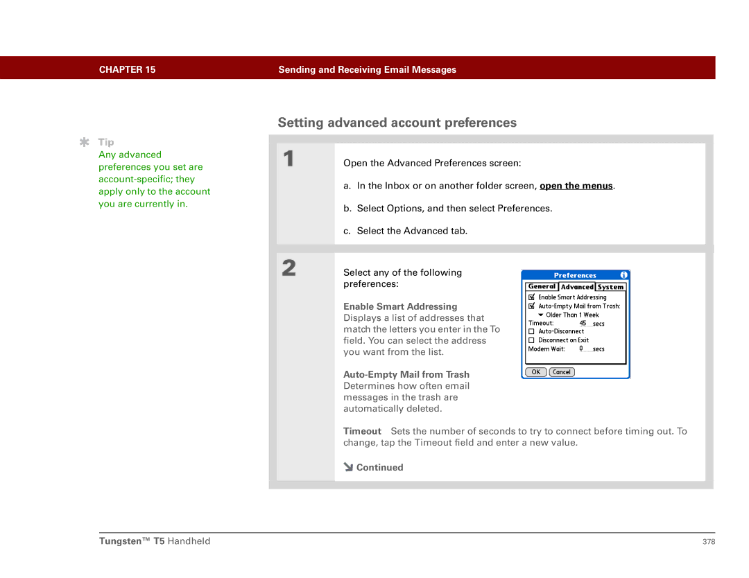 Palm Tungsten T5 manual Setting advanced account preferences 