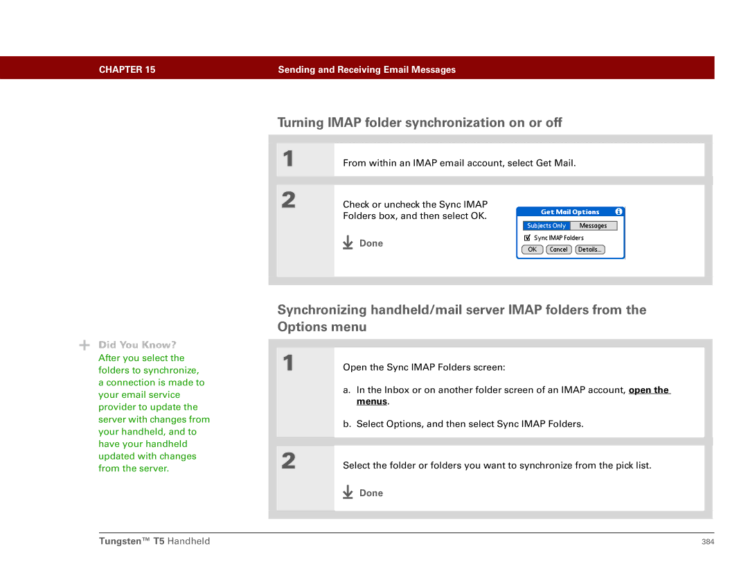 Palm Tungsten T5 manual Turning Imap folder synchronization on or off, Done 