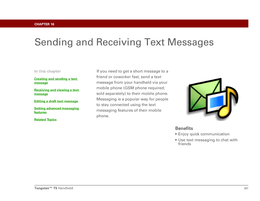 Palm Tungsten T5 manual Sending and Receiving Text Messages, Benefits 