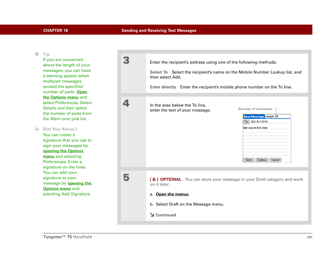 Palm Tungsten T5 manual Options menu, Selecting Add Signature 