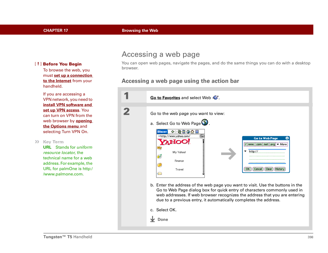 Palm Tungsten T5 manual Accessing a web page using the action bar 