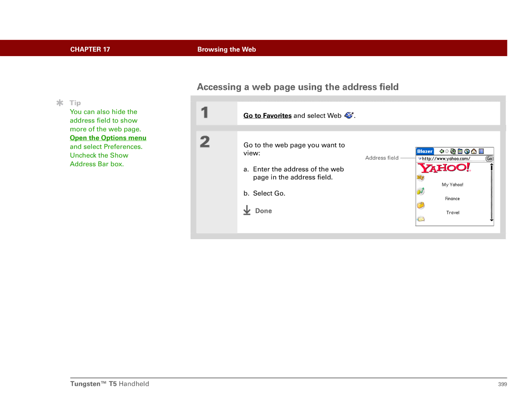 Palm Tungsten T5 manual Accessing a web page using the address field, Open the Options menu 