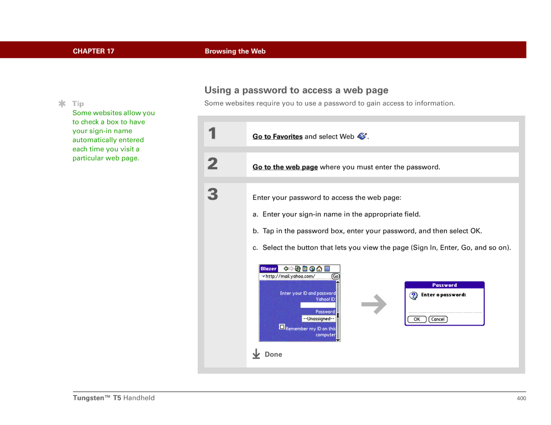 Palm Tungsten T5 manual Using a password to access a web 