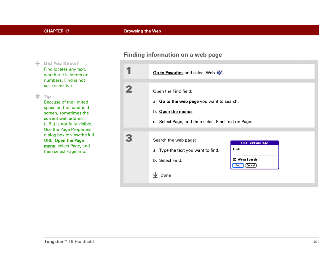 Palm Tungsten T5 manual Finding information on a web, URL. Open 