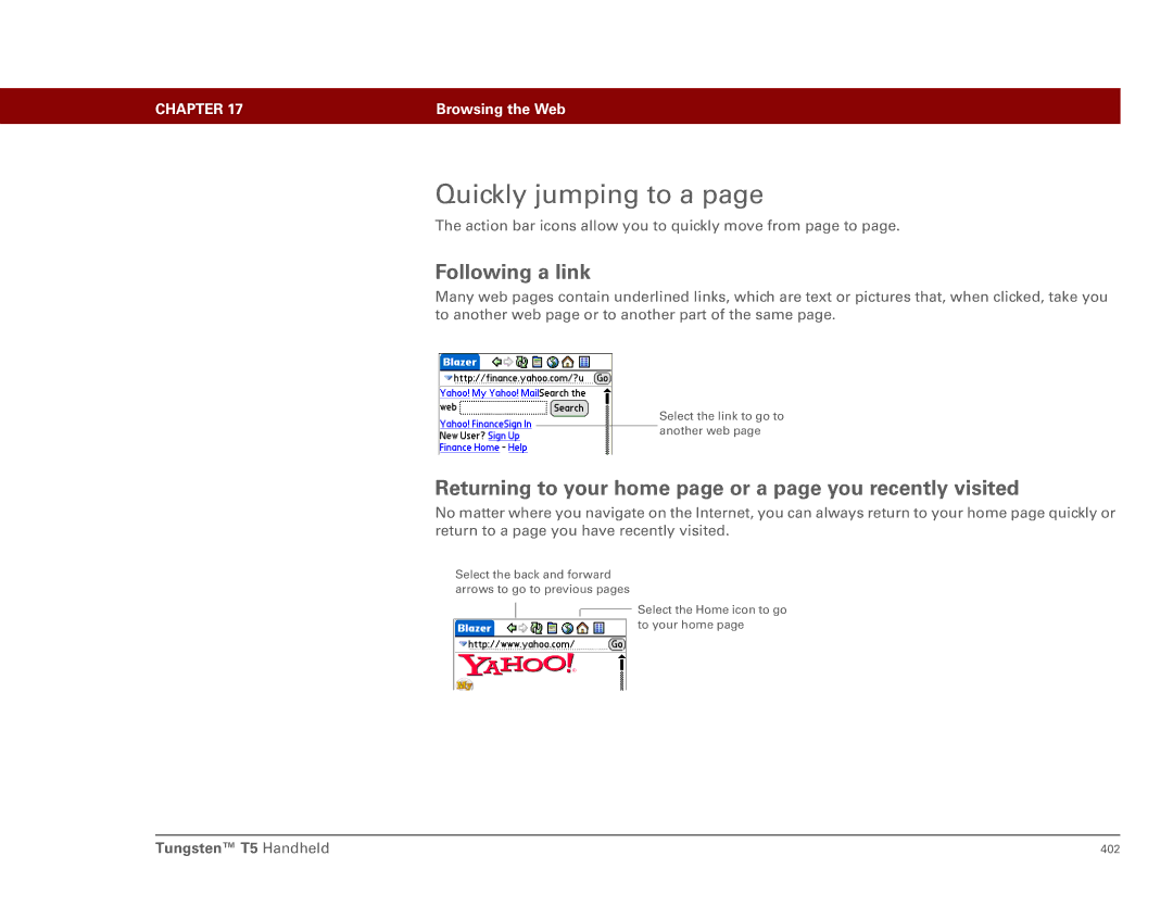 Palm Tungsten T5 manual Quickly jumping to a, Following a link, Returning to your home page or a page you recently visited 