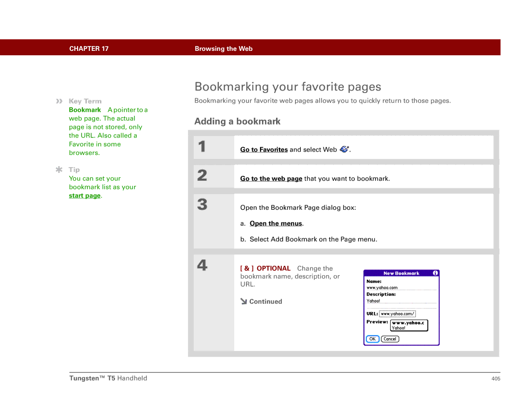 Palm Tungsten T5 manual Bookmarking your favorite pages, Adding a bookmark 