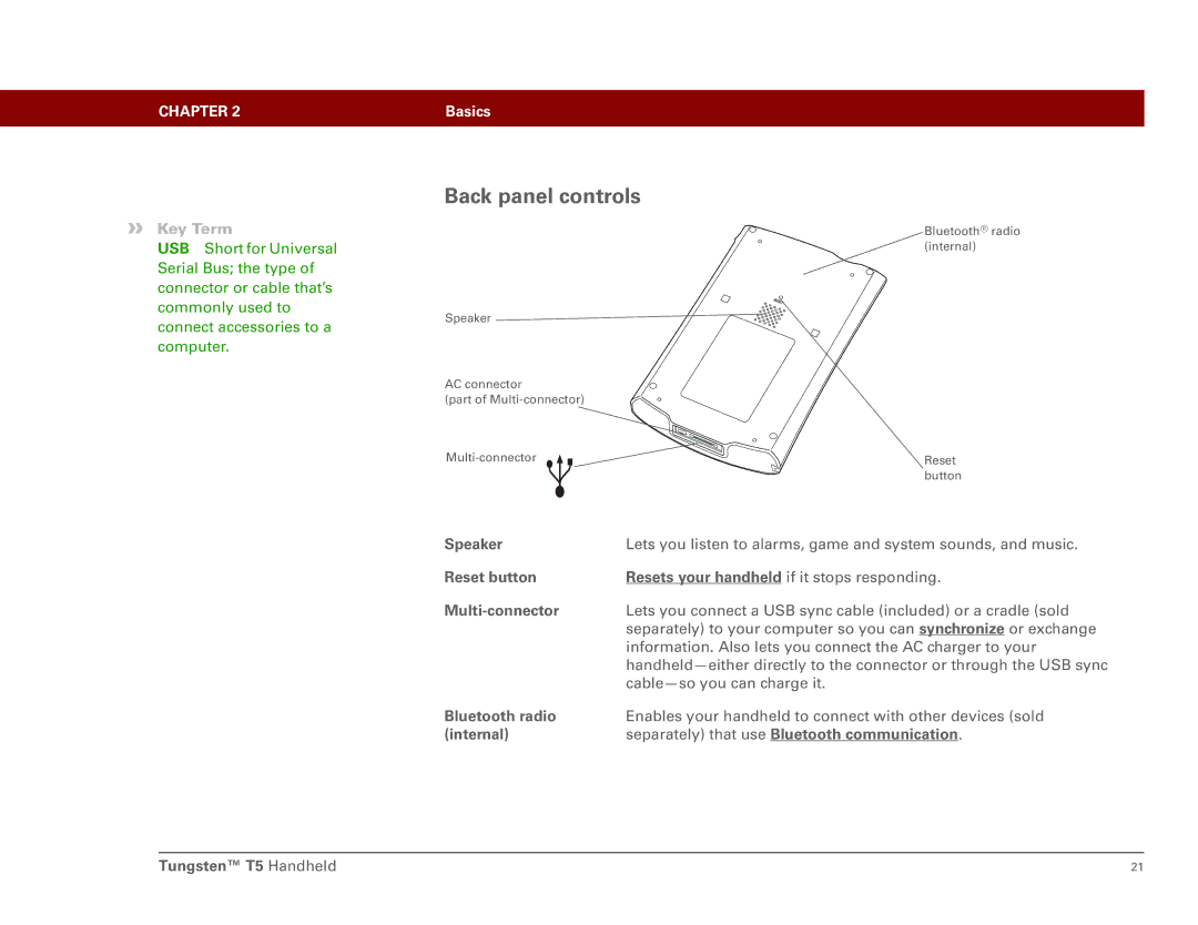 Palm Tungsten T5 manual Back panel controls, Speaker, Reset button, Multi-connector, Bluetooth radio 