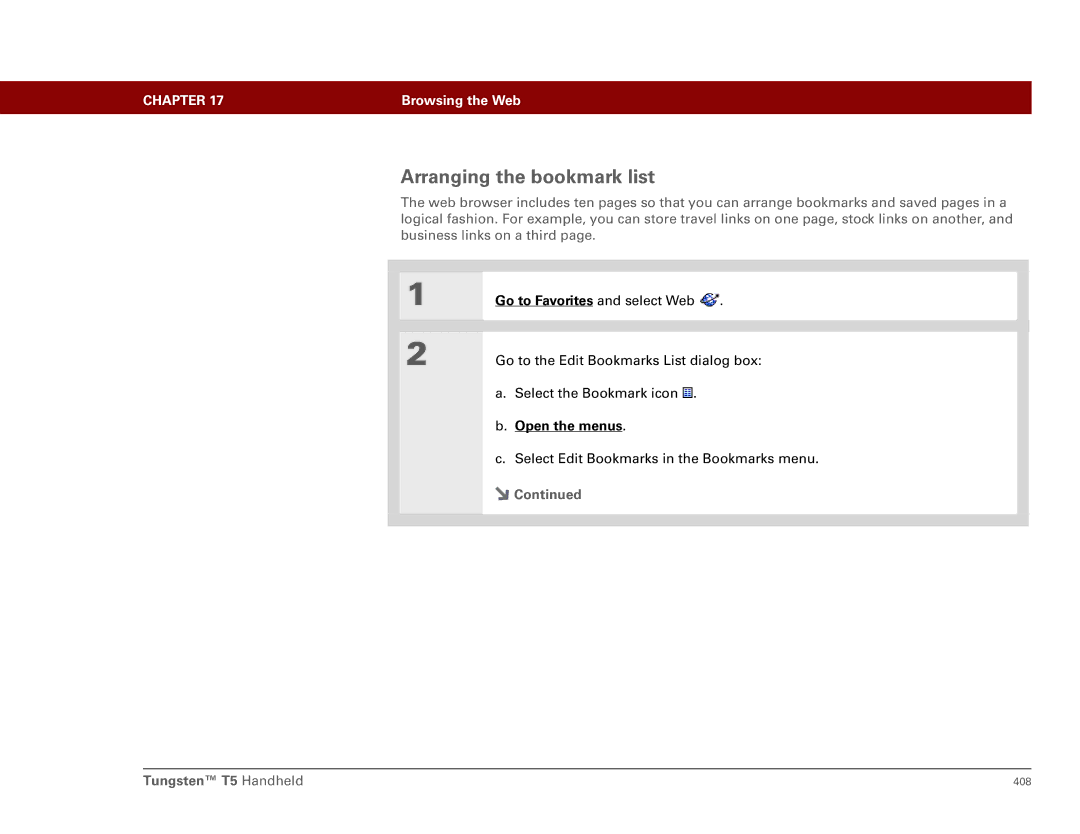 Palm Tungsten T5 manual Arranging the bookmark list 