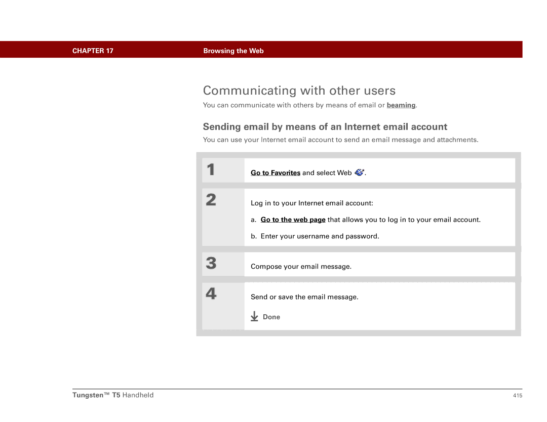 Palm Tungsten T5 manual Communicating with other users, Sending email by means of an Internet email account 