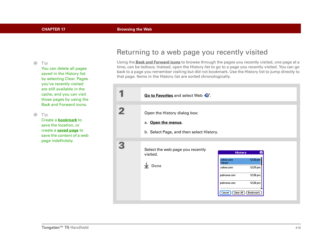 Palm Tungsten T5 manual Returning to a web page you recently visited 