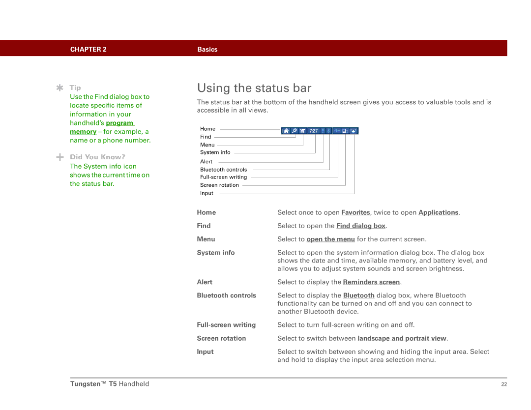 Palm Tungsten T5 manual Using the status bar 