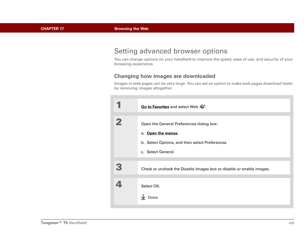 Palm Tungsten T5 manual Setting advanced browser options, Changing how images are downloaded 