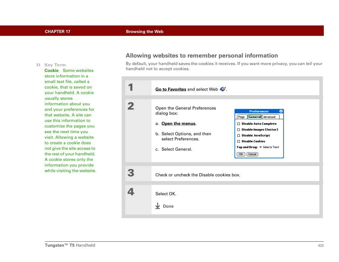 Palm Tungsten T5 manual Allowing websites to remember personal information 