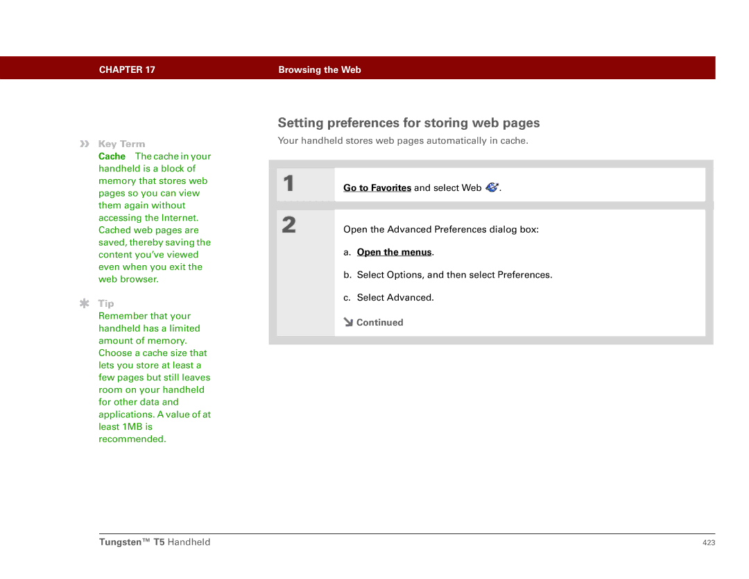 Palm Tungsten T5 manual Setting preferences for storing web pages 