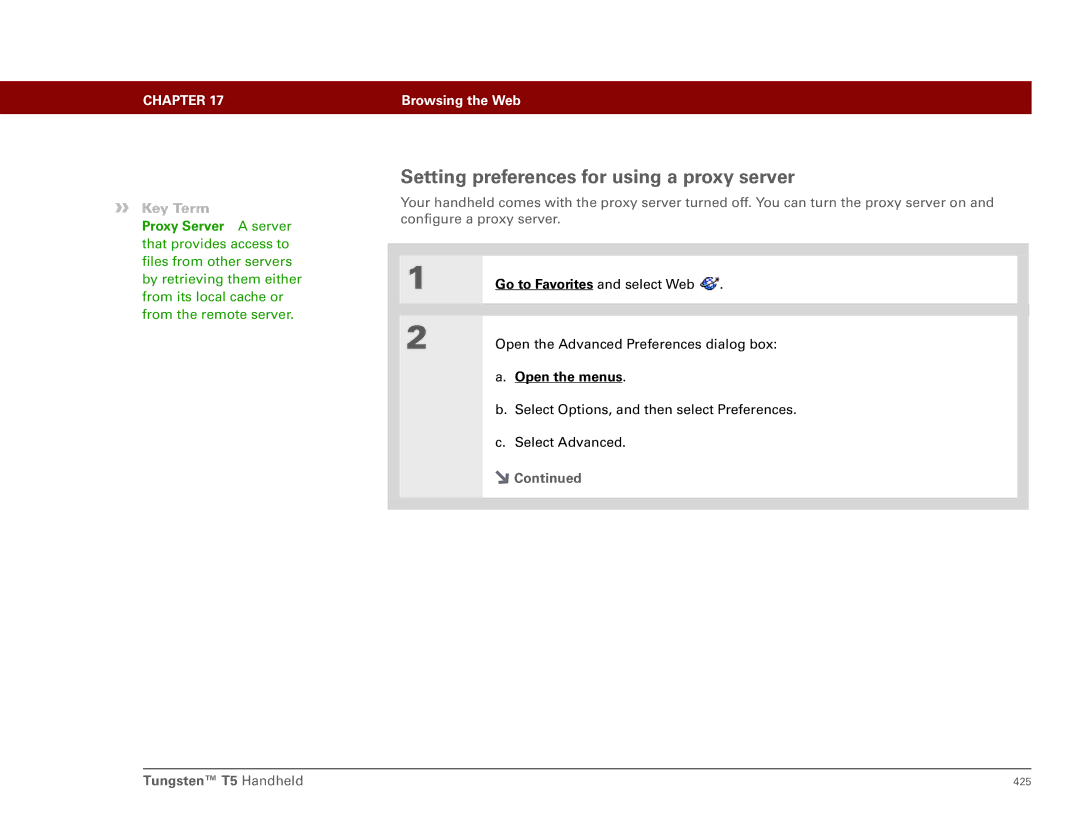 Palm Tungsten T5 manual Setting preferences for using a proxy server, Proxy Server a server 