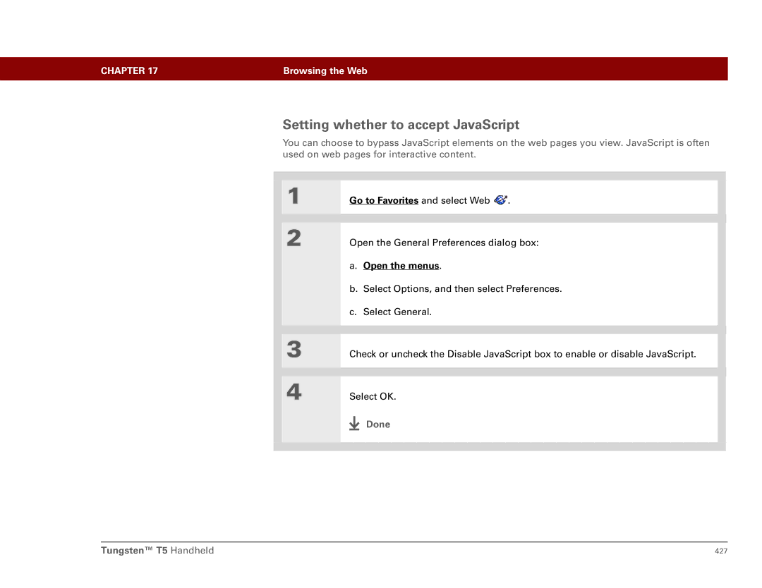 Palm Tungsten T5 manual Setting whether to accept JavaScript 