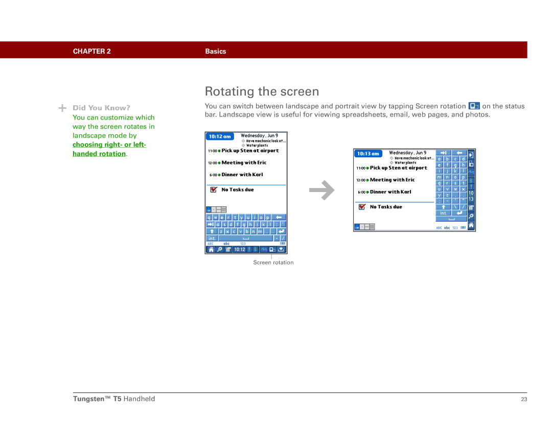 Palm Tungsten T5 manual Rotating the screen, Choosing right- or left- handed rotation 
