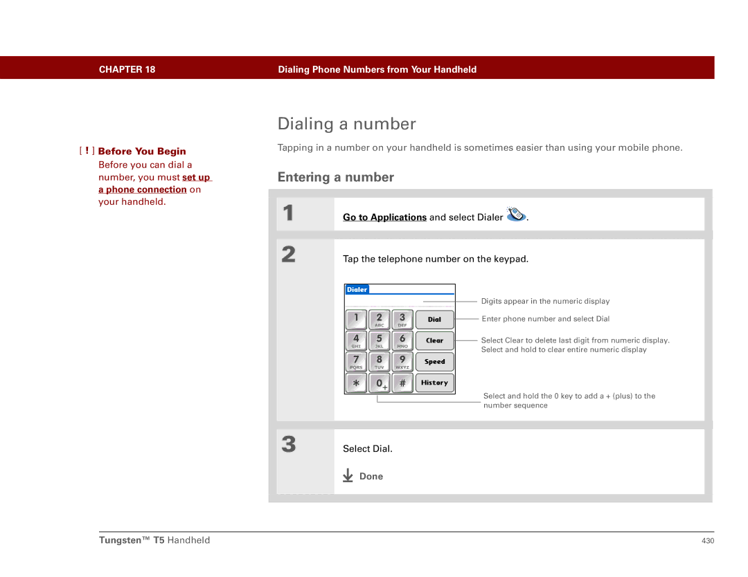 Palm Tungsten T5 manual Dialing a number, Entering a number 