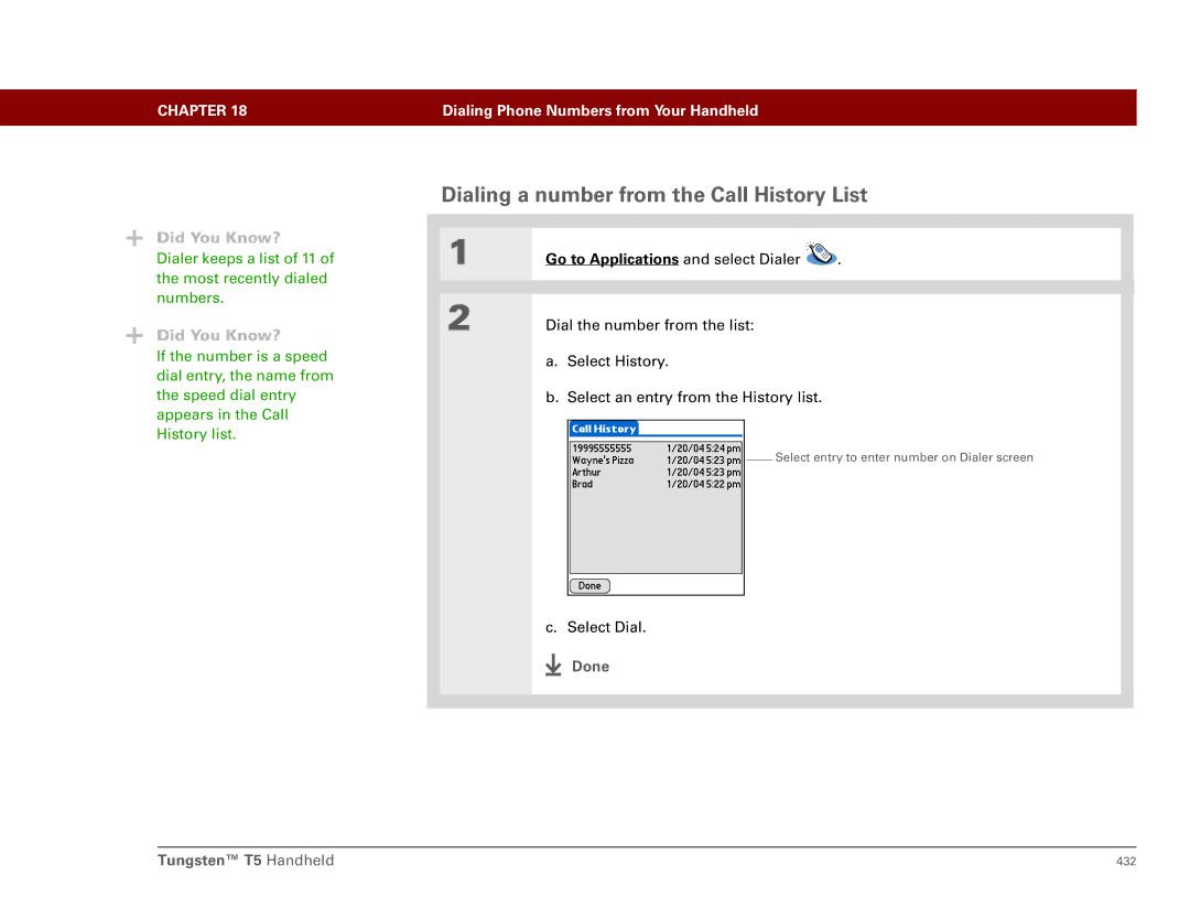 Palm Tungsten T5 manual Dialing a number from the Call History List 