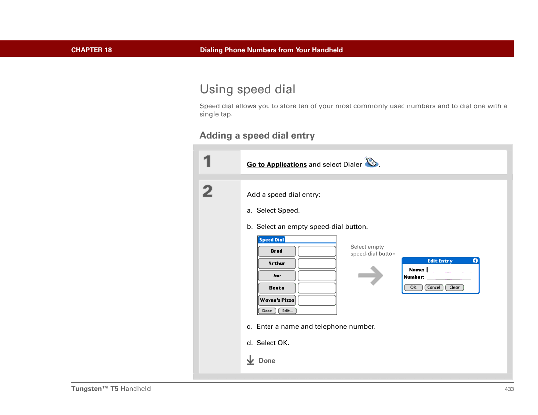 Palm Tungsten T5 manual Using speed dial, Adding a speed dial entry 