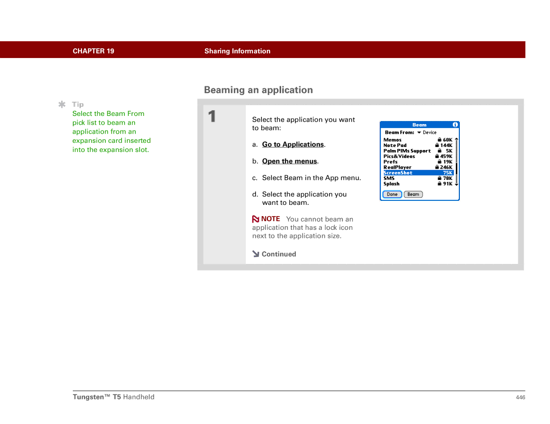 Palm Tungsten T5 manual Beaming an application 