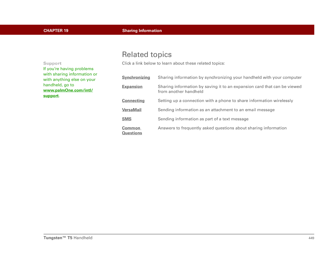 Palm Tungsten T5 manual Related topics, Sending information as part of a text message 