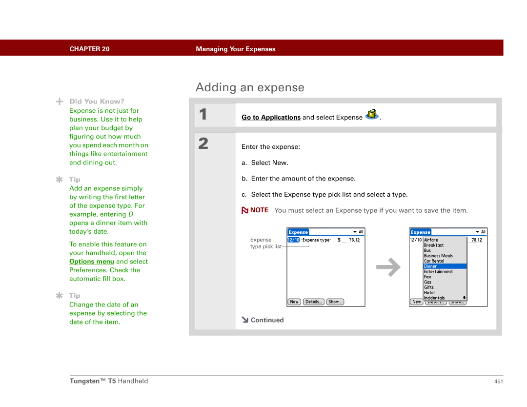Palm Tungsten T5 manual Adding an expense 