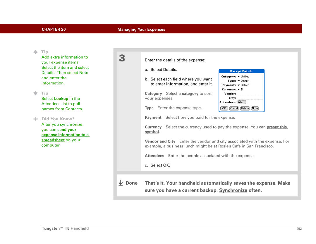 Palm Tungsten T5 manual You can send your, Symbol, Expense information to a Spreadsheet on your 