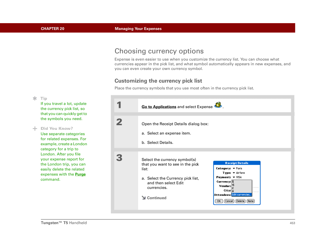 Palm Tungsten T5 manual Choosing currency options, Customizing the currency pick list 