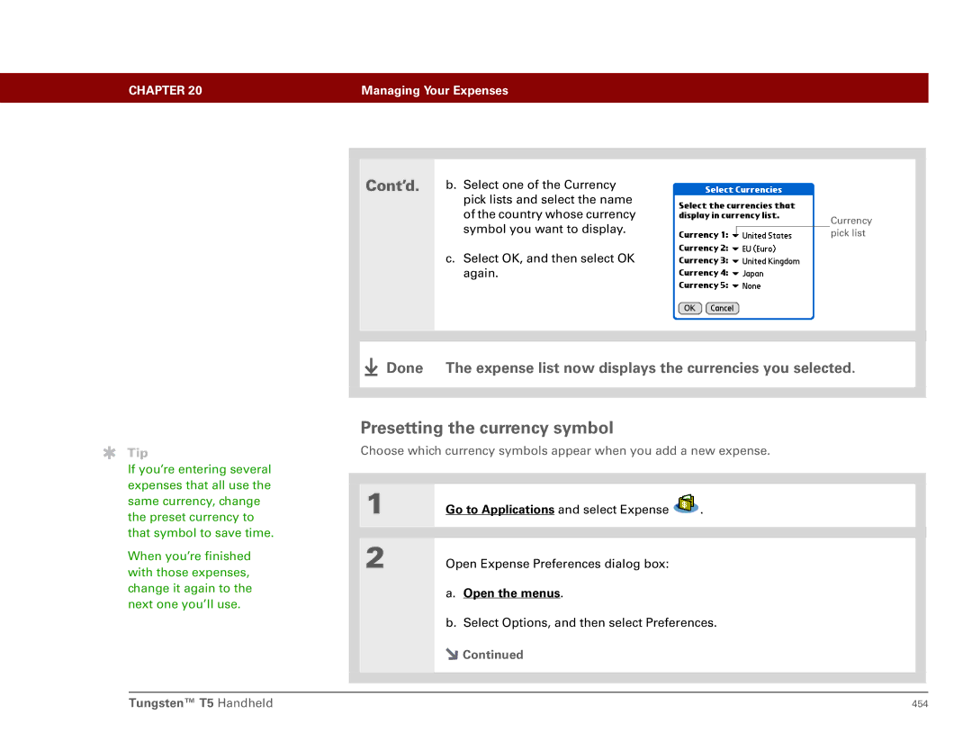 Palm Tungsten T5 manual Presetting the currency symbol 