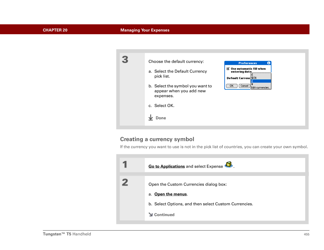 Palm Tungsten T5 manual Creating a currency symbol, Done 